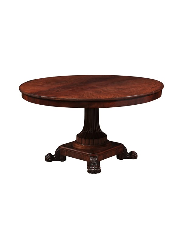 English 19th Century Figured Mahogany Center Table with Reeded Pedestal Base and Paw Feet