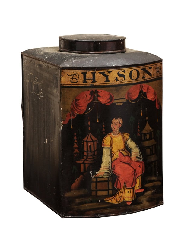 19th Century Square Form Chinoiserie Black Tole Tea Canister with Figure
