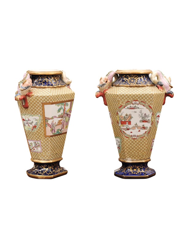 Pair of Large Ironstone Vases with Dragon Detail by Fenton Stone Works, C.J.M & Co, ca. 1840