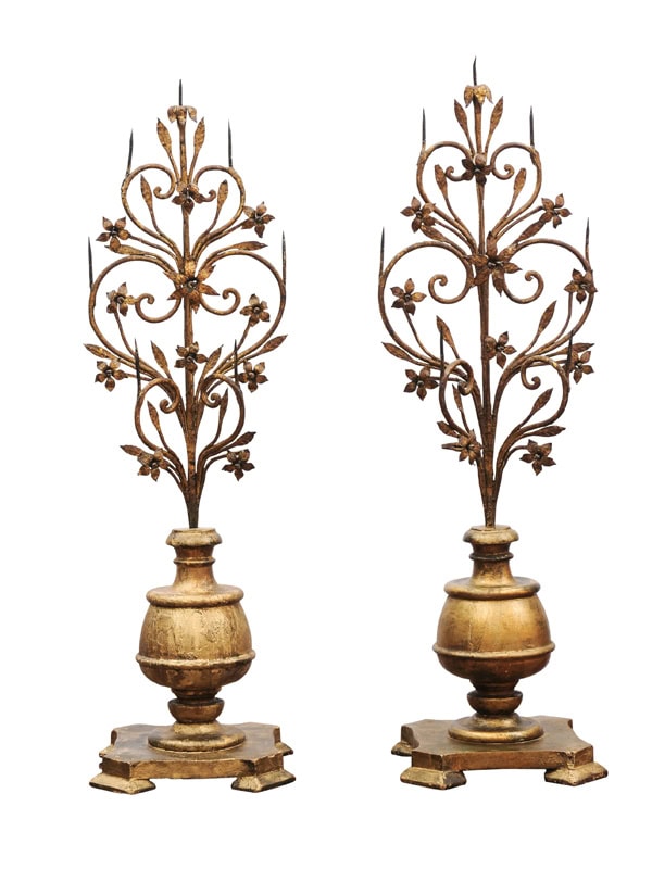 Pair Italian Early 18th Century Giltwood and Metal Candelabras with Flower detail