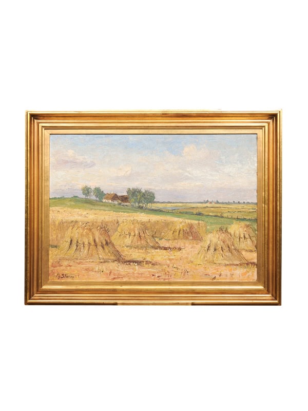 Early 20th Century Continental Gilt Framed Oil on Canvas Mounted on Board Landscape Painting with Haystacks, Signed H. Storn