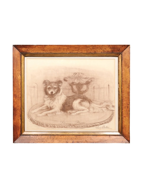 Large Burled Wood Framed Pastel Drawing of a Dog "Honey Plum", Signed lower right