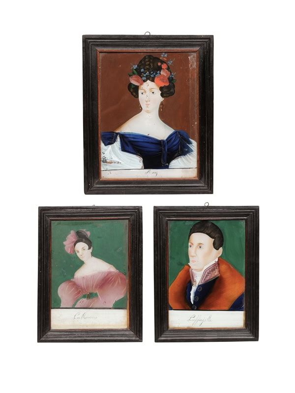 Set of 3 Framed 18th Century Eglomise / Reverse Painting on Glass Portraits, France