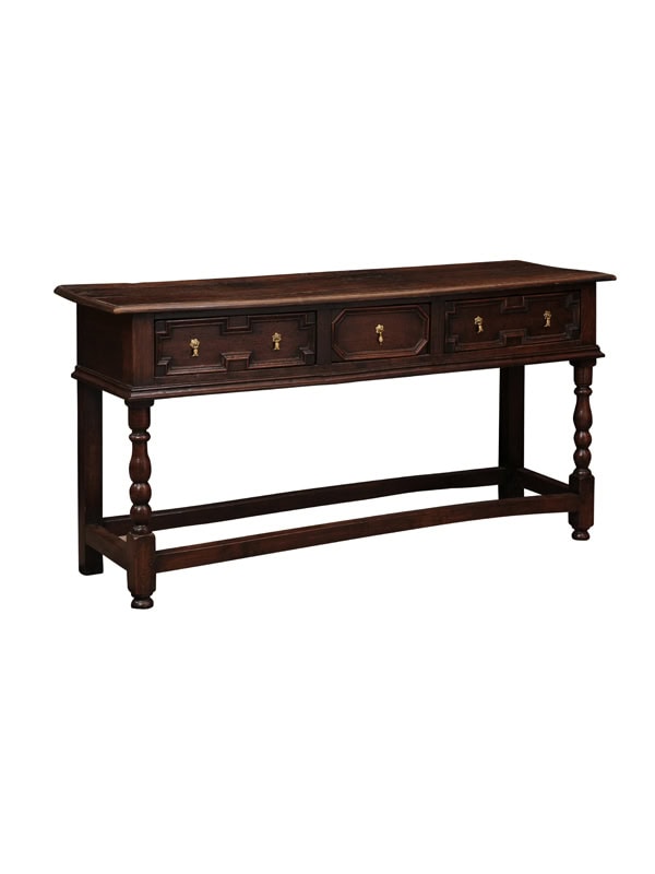 English Jacobean Style Oak Dresser Base Server with 3 Drawers, Turned Legs and Box Stretcher