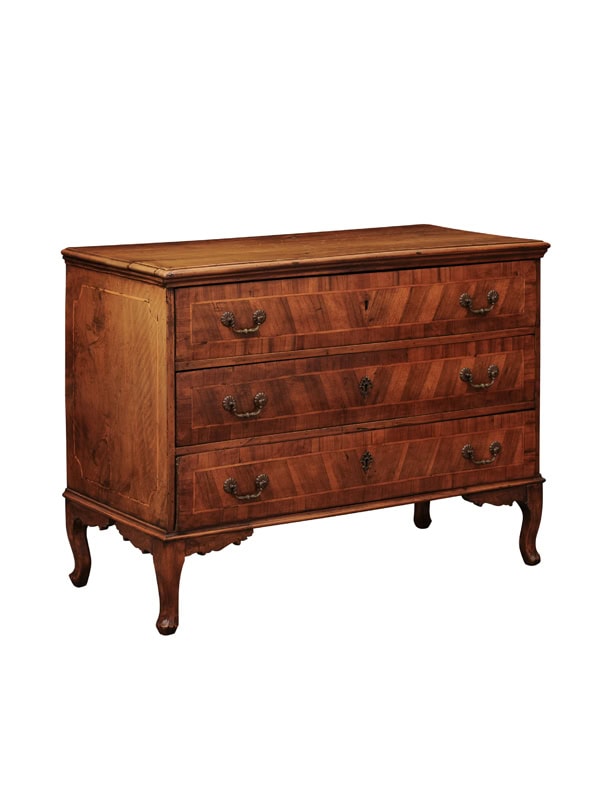 Late 18th Century Italian Neoclassical Walnut Commode with Inlay, 3 Drawers and Splayed Feet