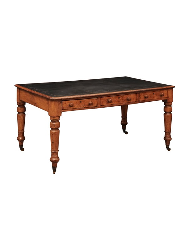 English 19th Century Pine Partner's Writing Table with Embossed Black Leather Top, 6 Drawers and Turned Legs