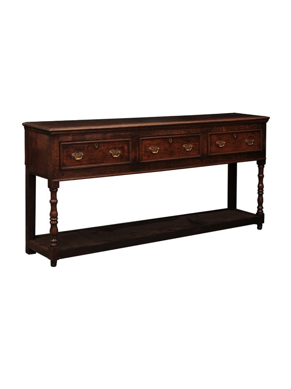 18th Century English Oak Dresser Base Server with 3 Drawers, Turned Legs and Pot Board Below
