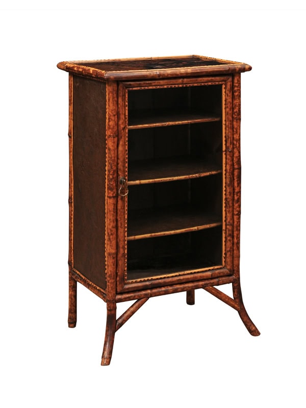 English Late 19th Century Bamboo Glass Cabinet with lacquered Top and Embossed Leather Detail