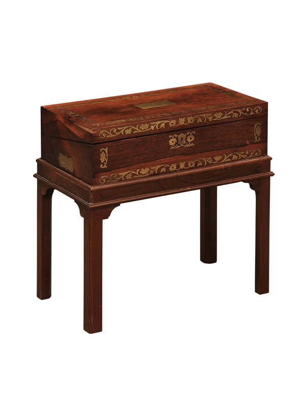 19th Century Rosewood Lap Desk on Later Stand with Brass Flower Inlay