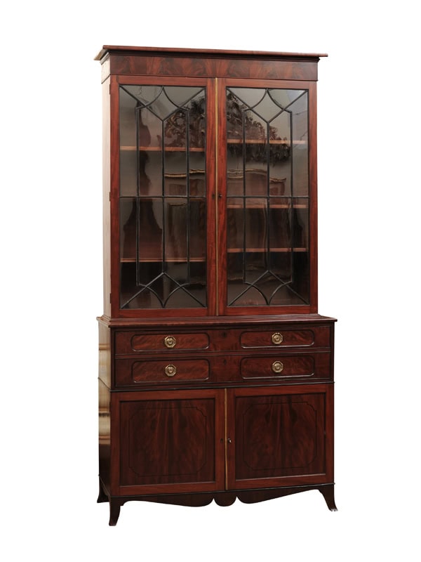 Large 19th Century English Mahogany Secretary Bookcase with Ebonized Glazing, Fitted Interior and Splayed Feet