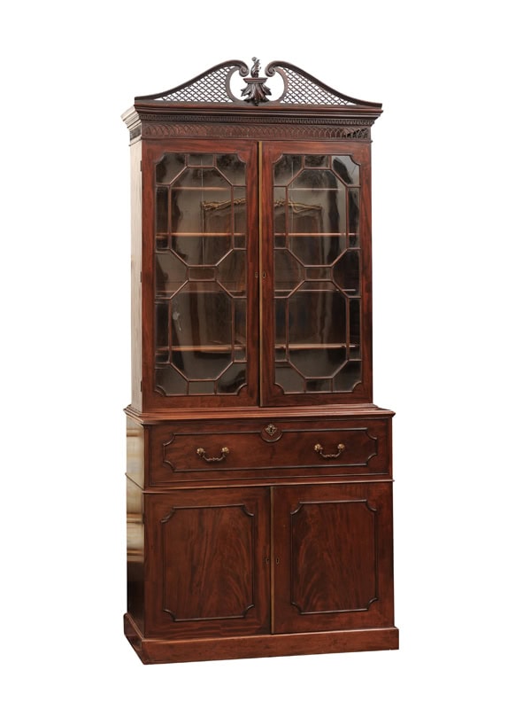 English 19th Century Chippendale Style Secretary Bookcase in Mahogany with Pierced  Swan Neck Cornice and Cabinet Doors Below