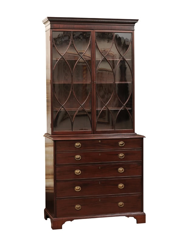 Large English 19th Century Secretary Bookcase with Dental Moulded Cornice and Bracket Feet