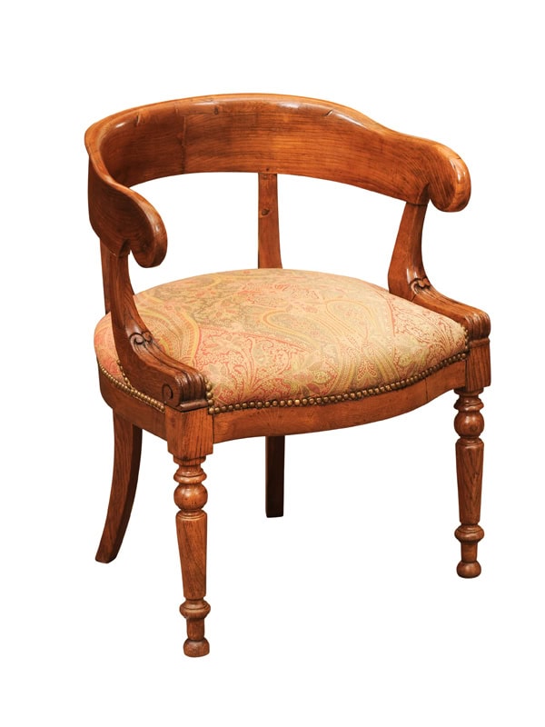 Early 19th Century French Barrell Desk Chair in Elm with Turned Legs
