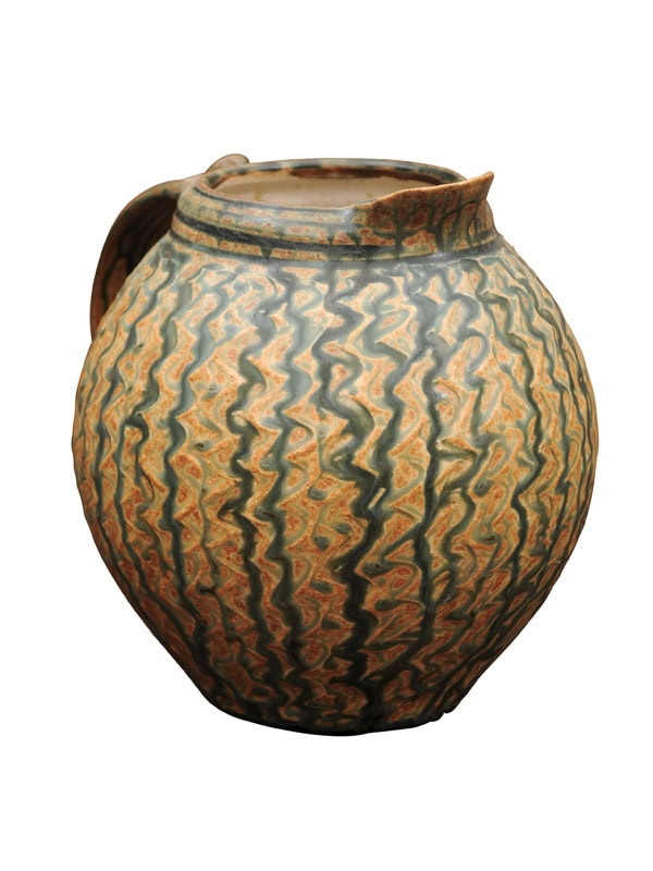 Art Pottery Pitcher with Handle in Green Hues, American 20th Century