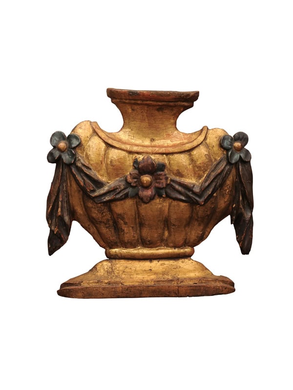 Late 18th Century Italian Carved Giltwood and Polychrome Painted Architectural Urn with Flowers and Swag Detail
