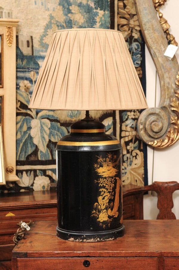 19th Century  Black Tole Chinoiserie Tea Canister, Wired as a Lamp - Image 4