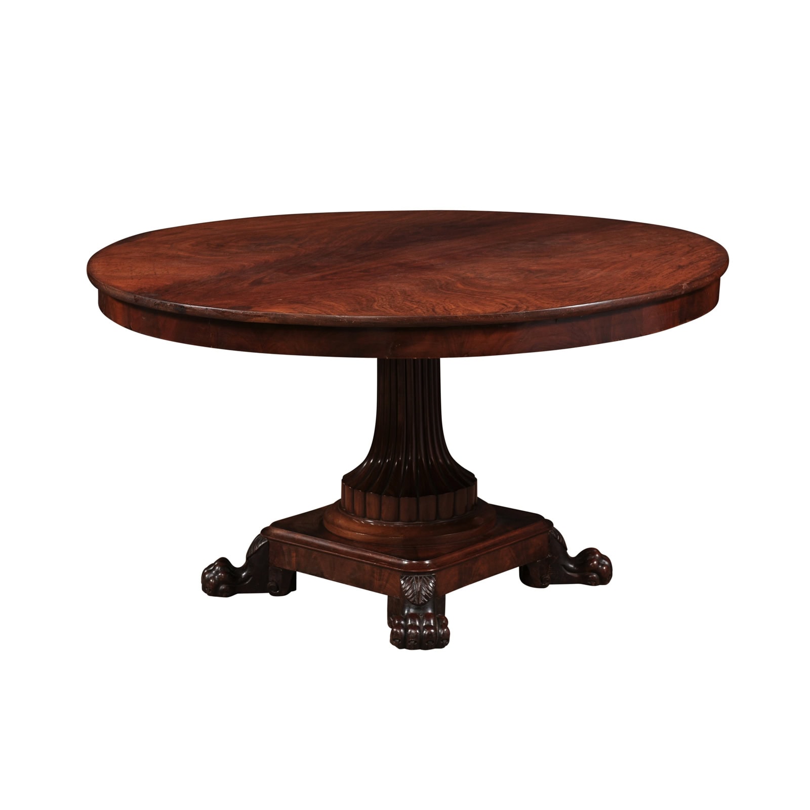 English 19th Century Figured Mahogany Center Table with Reeded Pedestal Base and Paw Feet - Image 2