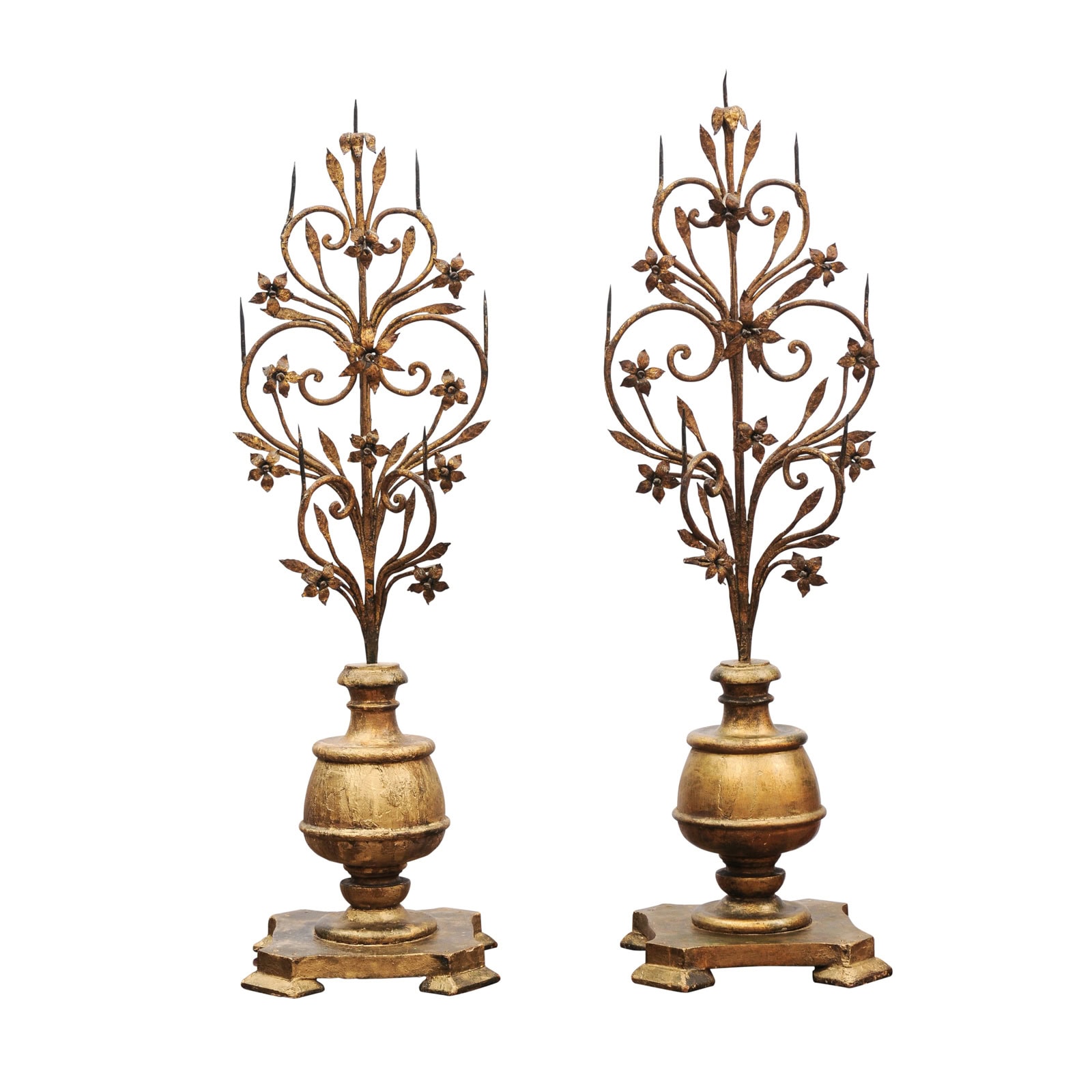 Pair Italian Early 18th Century Giltwood and Metal Candelabras with Flower detail - Image 2