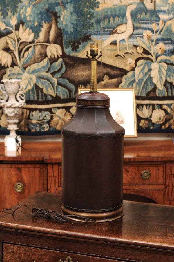 19th Century Chinoiserie Tole Tea Canister wired into Lamp - Image 9