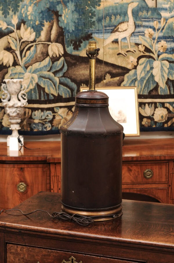 19th Century Chinoiserie Tole Tea Canister wired into Lamp - Image 10