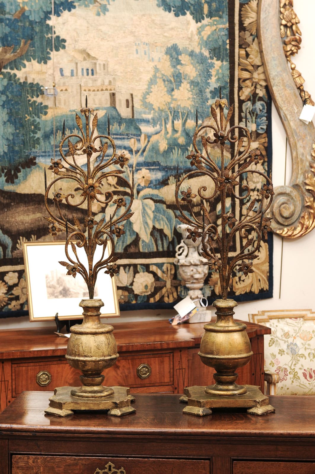 Pair Italian Early 18th Century Giltwood and Metal Candelabras with Flower detail - Image 3