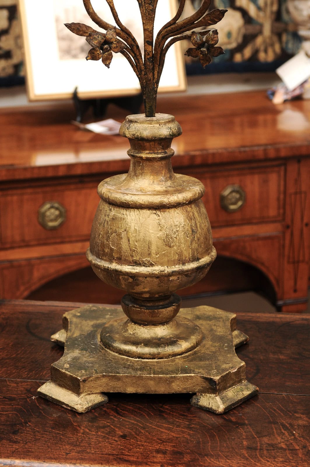 Pair Italian Early 18th Century Giltwood and Metal Candelabras with Flower detail - Image 4