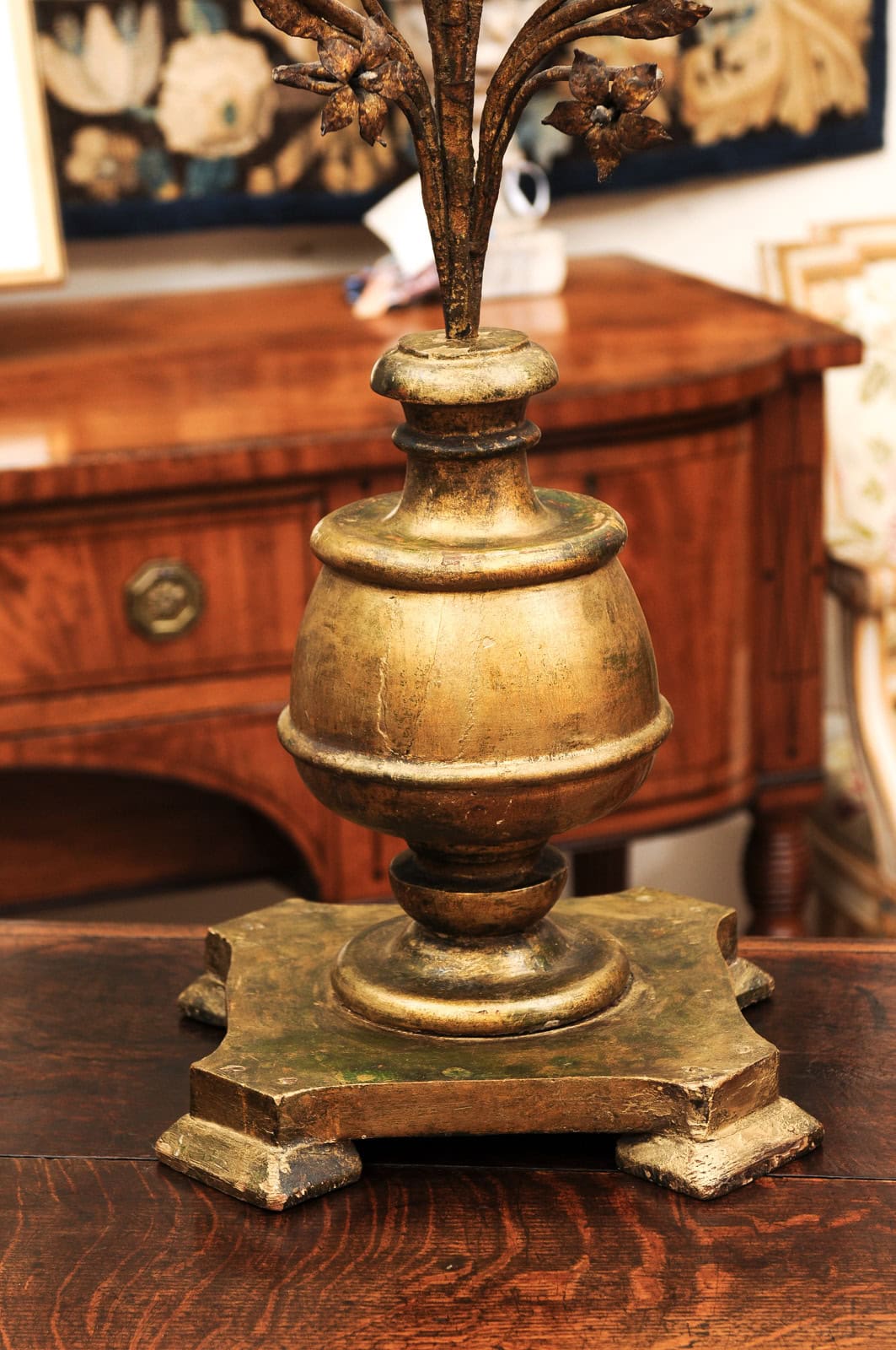 Pair Italian Early 18th Century Giltwood and Metal Candelabras with Flower detail - Image 5