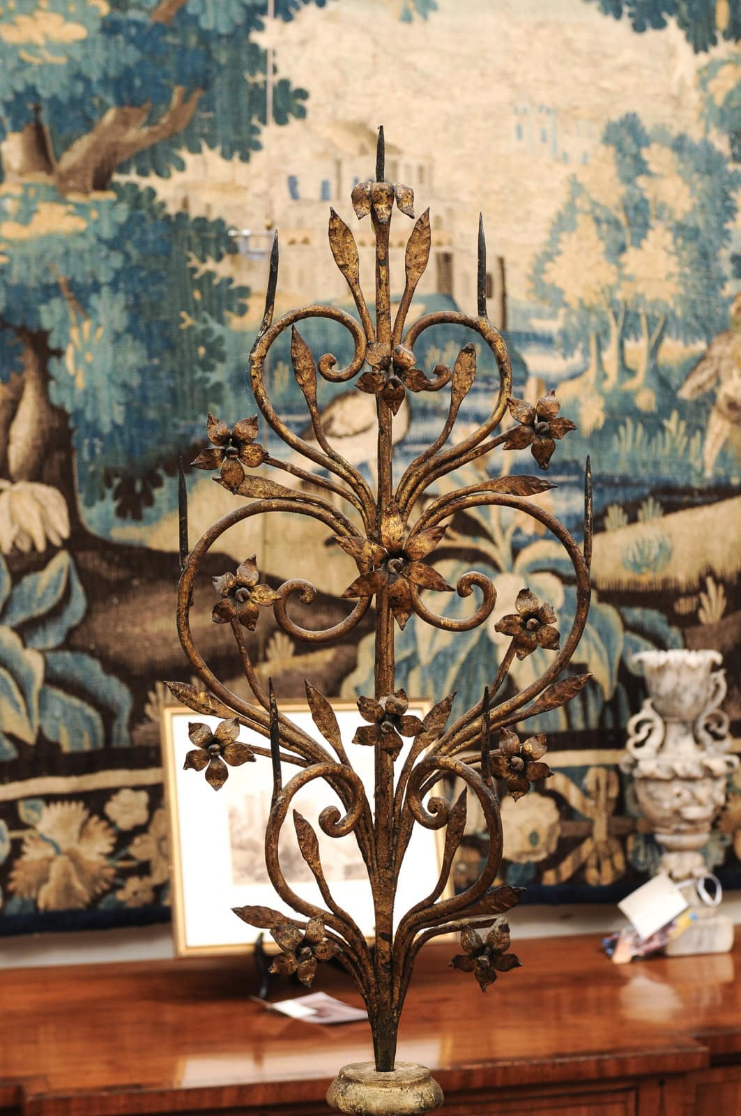 Pair Italian Early 18th Century Giltwood and Metal Candelabras with Flower detail - Image 6
