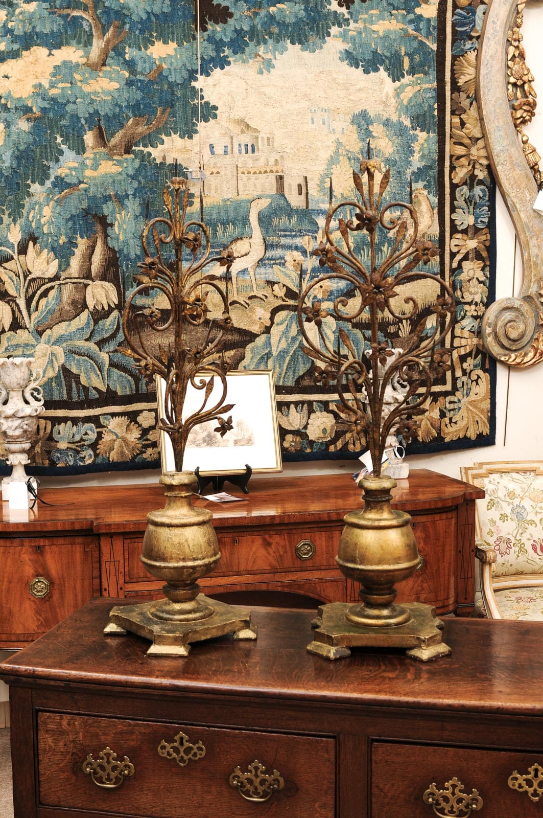 Pair Italian Early 18th Century Giltwood and Metal Candelabras with Flower detail - Image 8