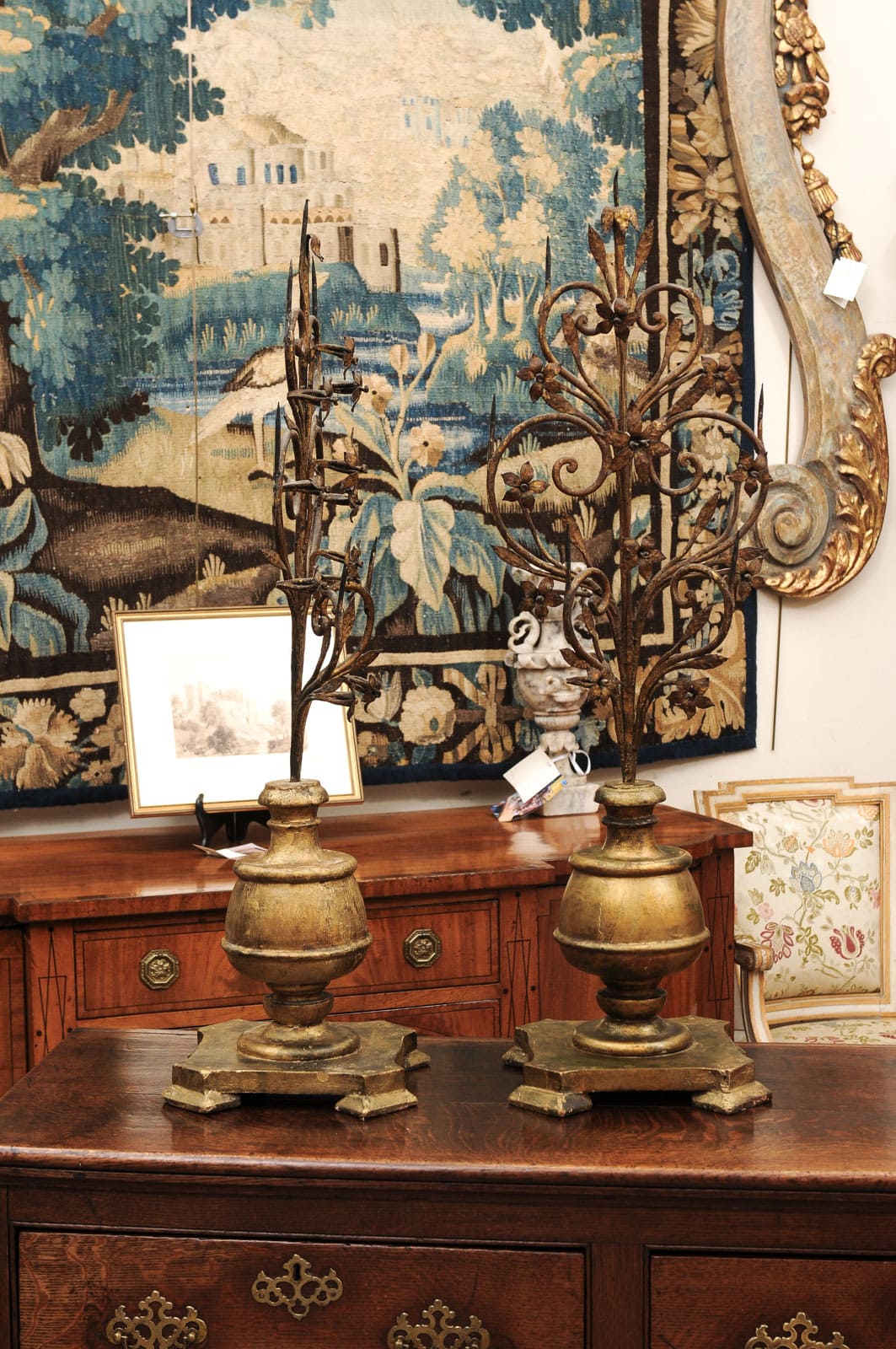 Pair Italian Early 18th Century Giltwood and Metal Candelabras with Flower detail - Image 9