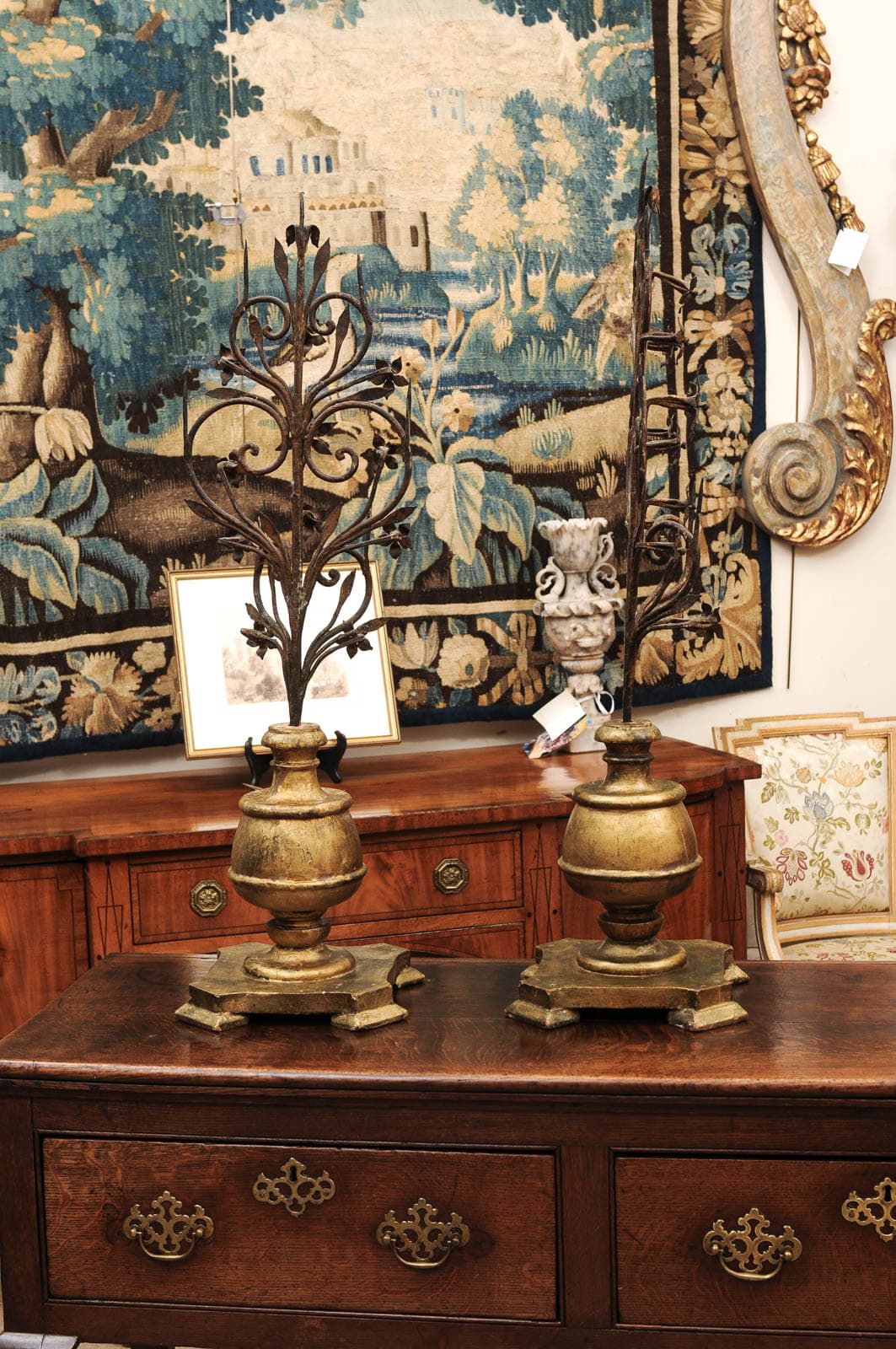 Pair Italian Early 18th Century Giltwood and Metal Candelabras with Flower detail - Image 10