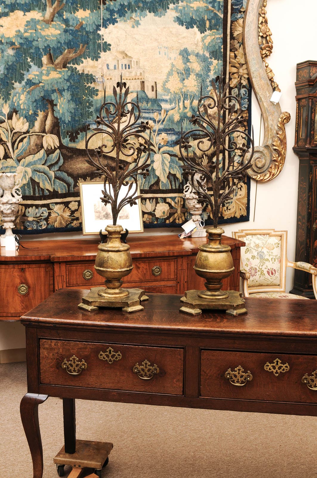 Pair Italian Early 18th Century Giltwood and Metal Candelabras with Flower detail - Image 11