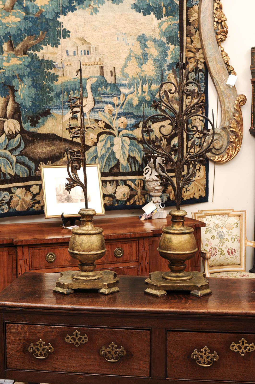 Pair Italian Early 18th Century Giltwood and Metal Candelabras with Flower detail - Image 12