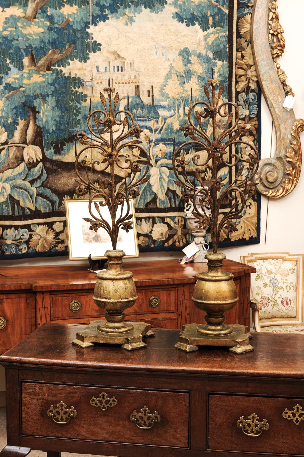 Pair Italian Early 18th Century Giltwood and Metal Candelabras with Flower detail - Image 14