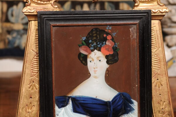 Set of 3 Framed 18th Century Eglomise / Reverse Painting on Glass Portraits, France - Image 11