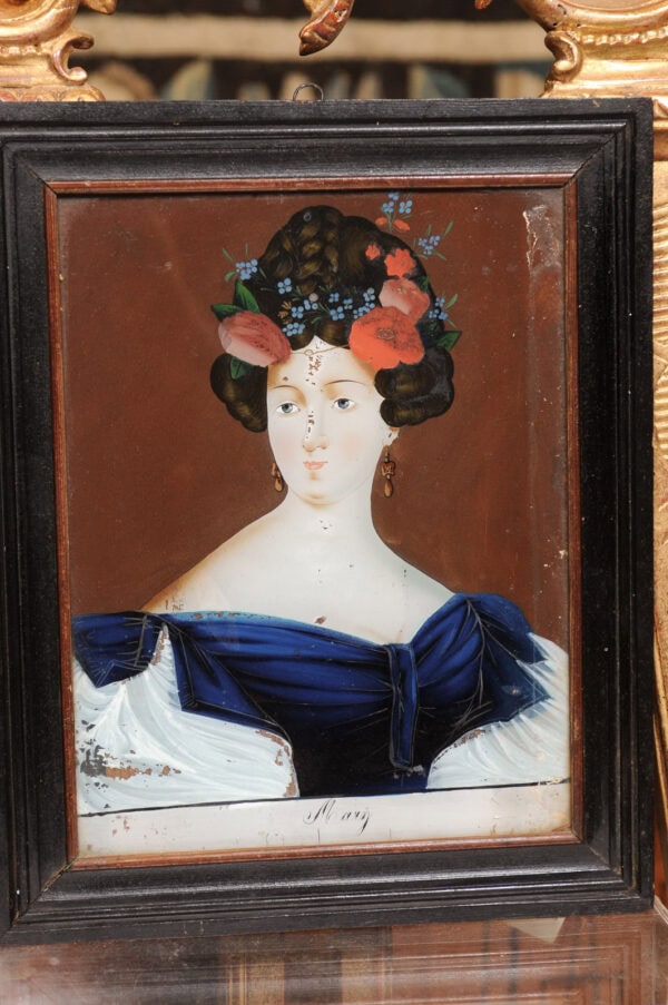Set of 3 Framed 18th Century Eglomise / Reverse Painting on Glass Portraits, France - Image 12