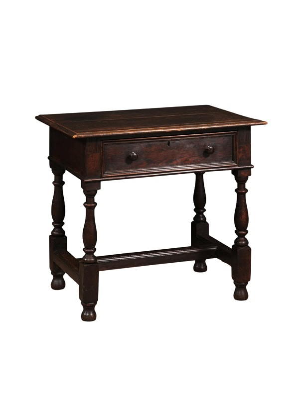 19th Century English Oak Side Table with Drawer, H-Form Stretcher & Turned Legs