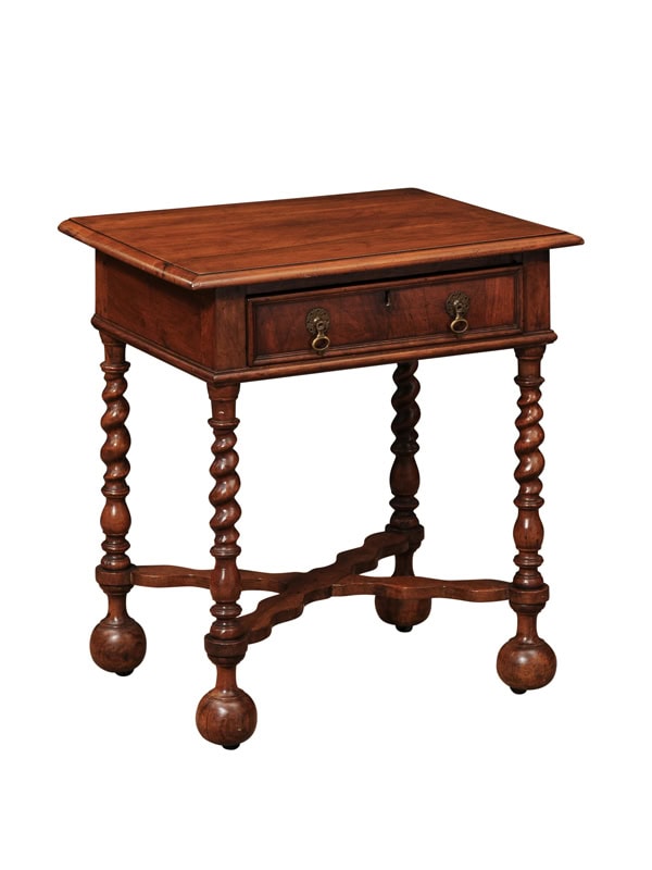 19th Century English Walnut Side Table with Drawer, Barley Twist Legs & Cross Stretcher