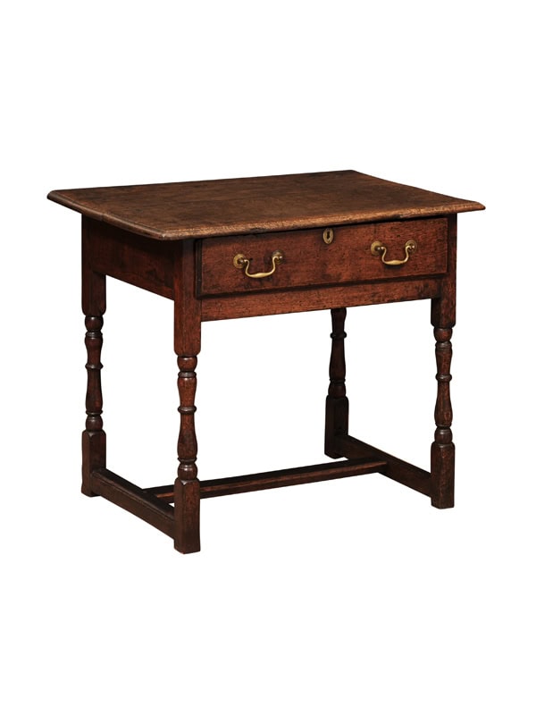 18th Century English Oak Side Table with Drawer, Turned Legs & Center Stretcher