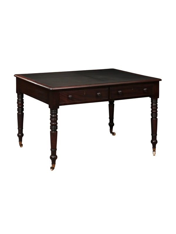 19th Century English Mahogany Partner's Desk / Writing Table with 4 Drawers & Black Leather Top