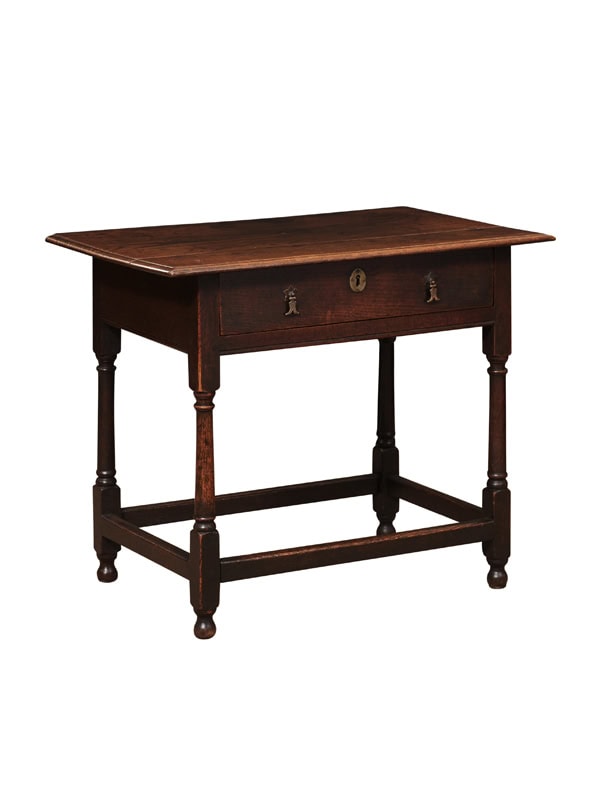 18th Century English Oak Side Table with Drawer, Turned Legs & Box Stretcher