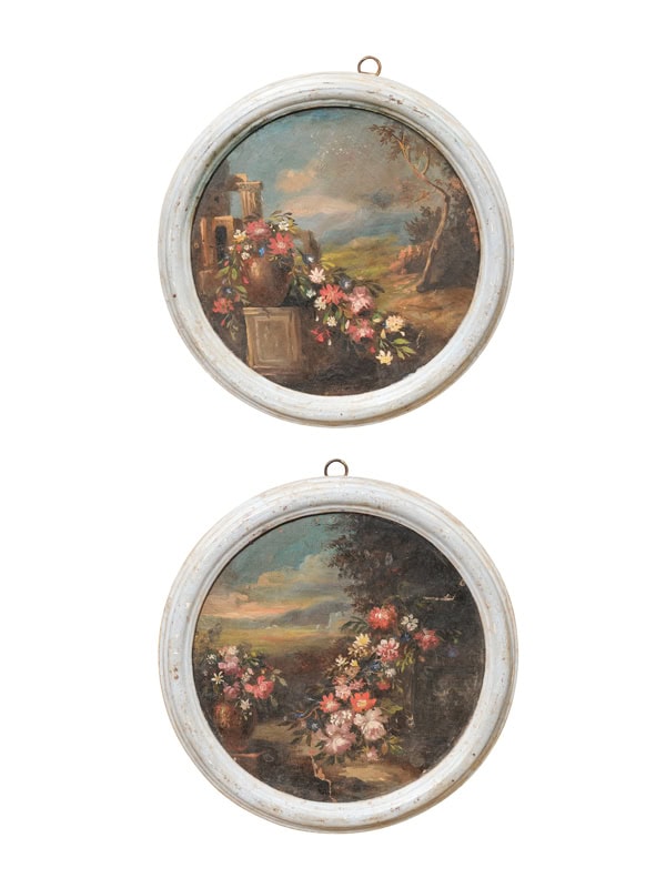 Pair of Italian Framed Oil on Canvas on Board Landscape Scenes with Flowers in Urns, 18th Century