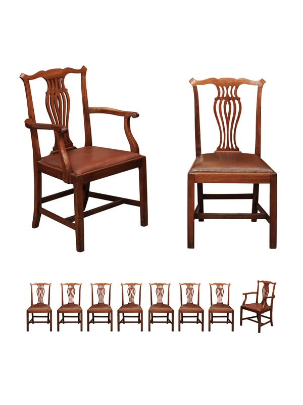 Set of 10 English Chippendale Style Mahogany Dining Chairs with Brown leather Inset Seats