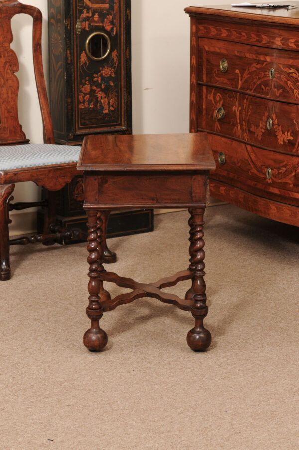 19th Century English Walnut Side Table with Drawer, Barley Twist Legs & Cross Stretcher - Image 13