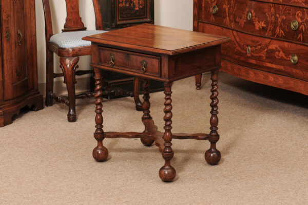 19th Century English Walnut Side Table with Drawer, Barley Twist Legs & Cross Stretcher - Image 14