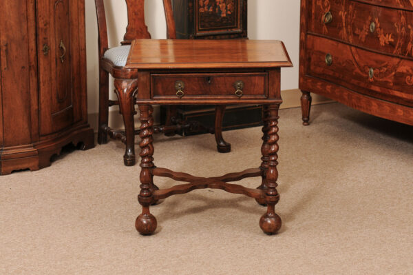 19th Century English Walnut Side Table with Drawer, Barley Twist Legs & Cross Stretcher - Image 15