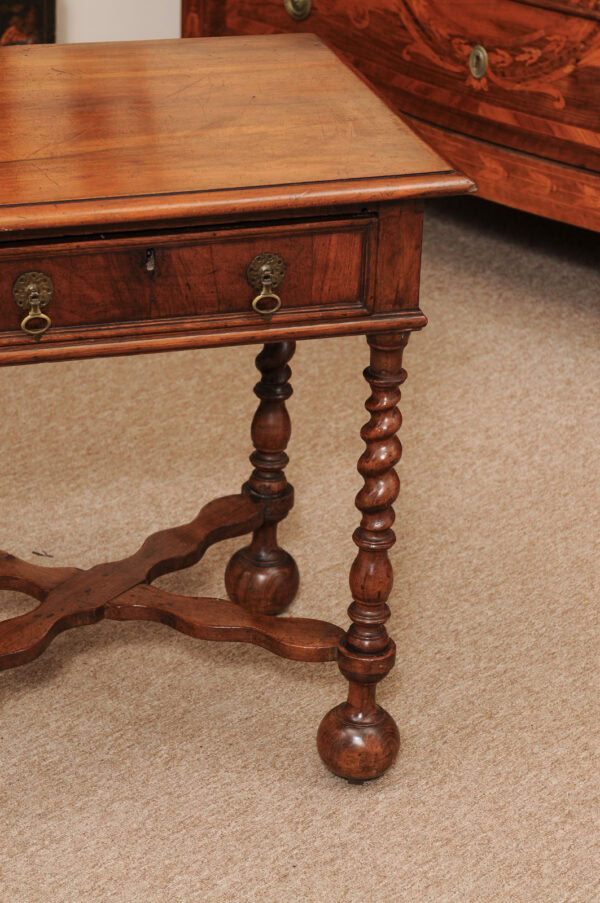 19th Century English Walnut Side Table with Drawer, Barley Twist Legs & Cross Stretcher - Image 16