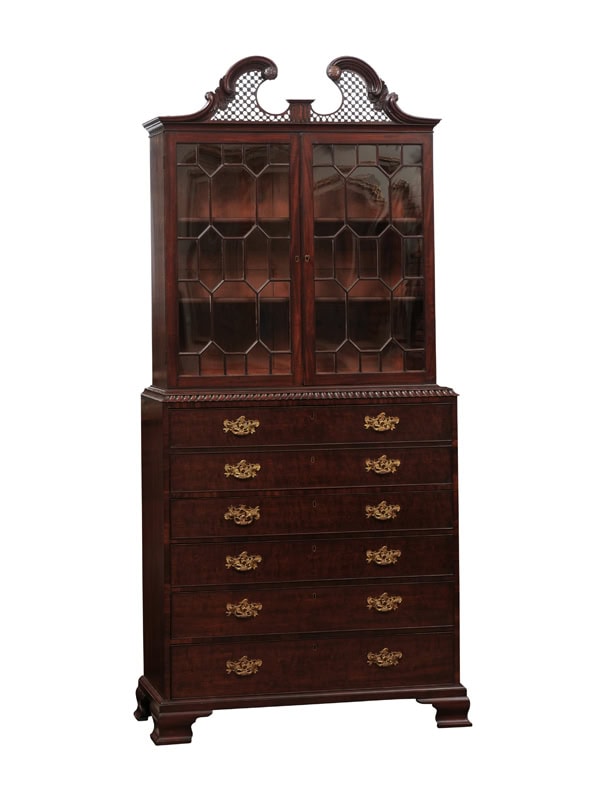 19th Century English Mahogany Secretary Bookcase with Fretwork Swan Neck Cornice