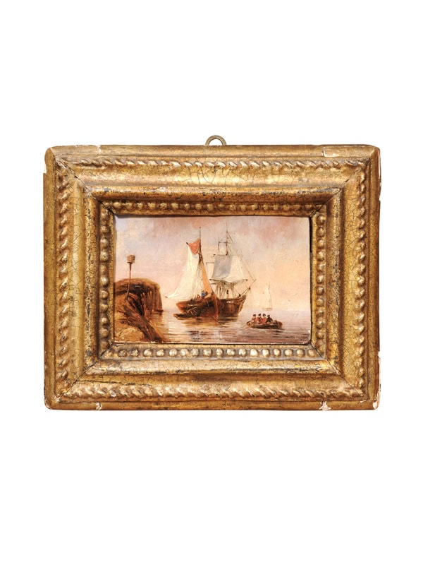 Small Giltwood Framed 18th Century Continental Oil on Board Seascape with Sailboats