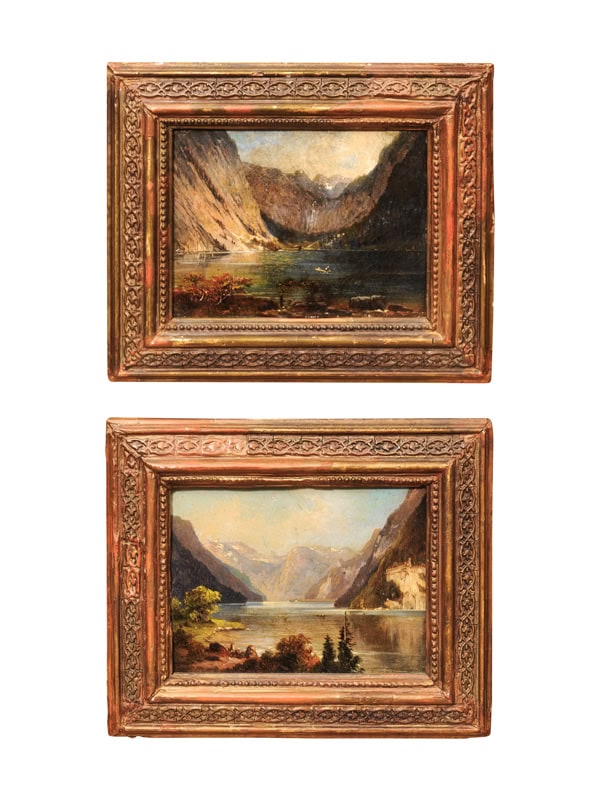 Pair of Giltwood Framed Oil on Board Landscapes of Mountain Ranges, Italy 18th Century